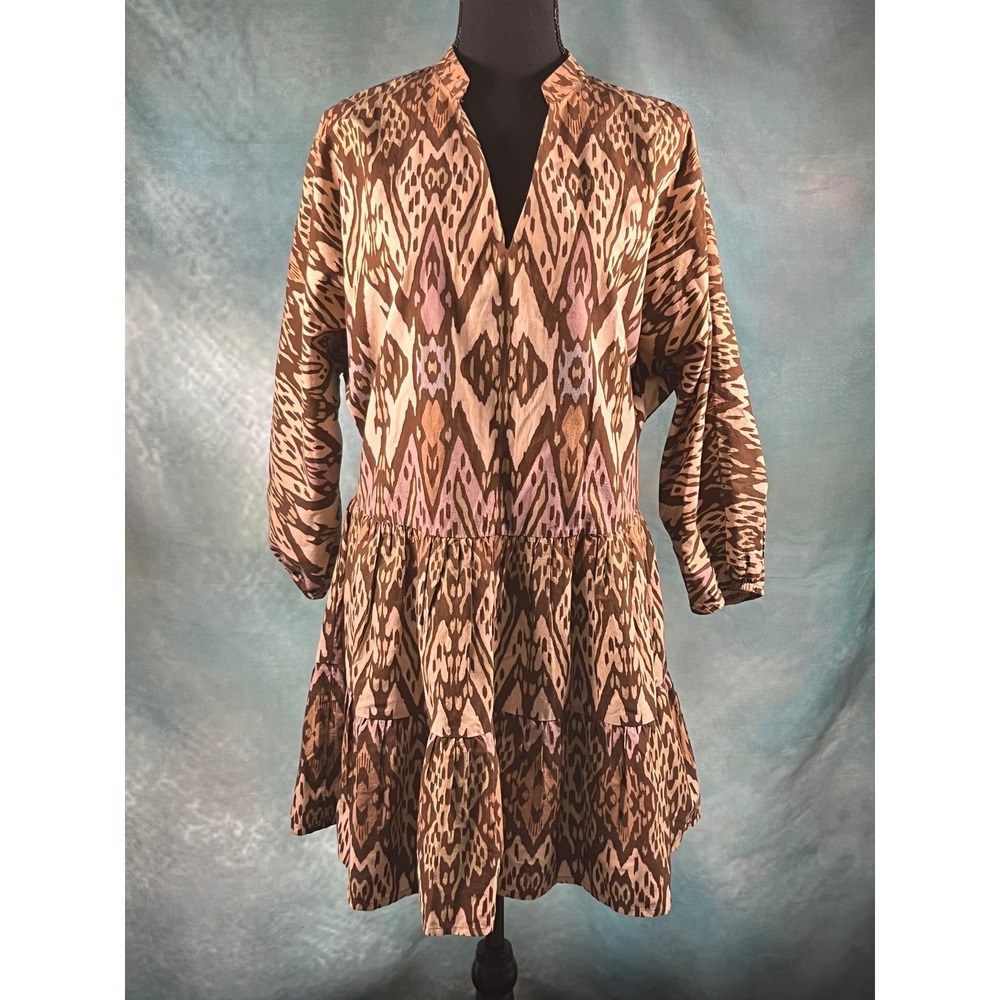 Conditions Apply Brown Ikat Print Tiered Cotton Mini Dress Small Boho Split Neck